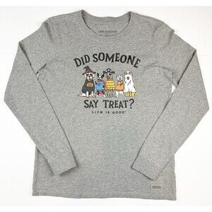 Life Is Good Women's Crusher Long Sleeve Grey Shirt Halloween Pets Size Medium